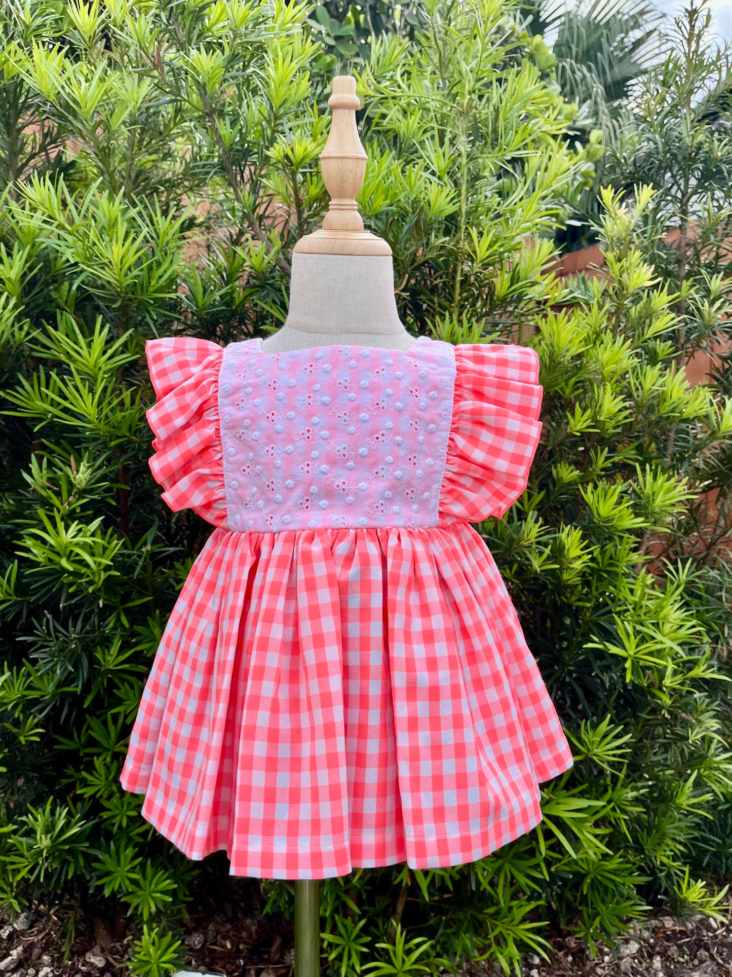 Orange Plaid Dress with Lace on the Chest