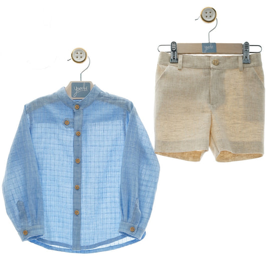 Boy's set blue shirt shorts beige