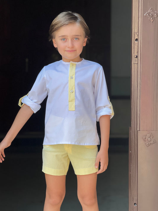 White shirt and yellow shorts set